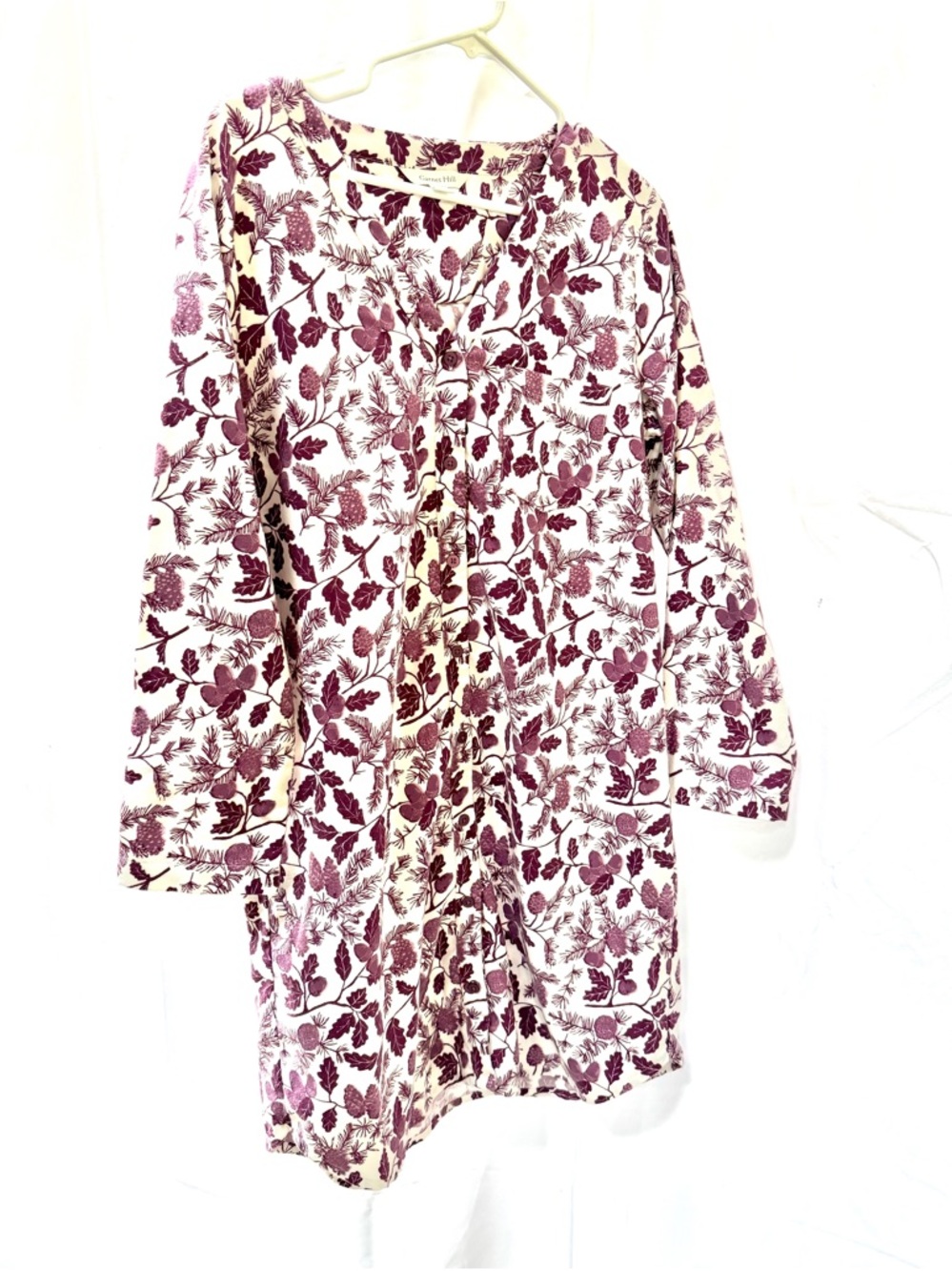 Garnet Hill Oak and Acorn Organic Cotton Flannel Nightgown- White & Plum, Size M